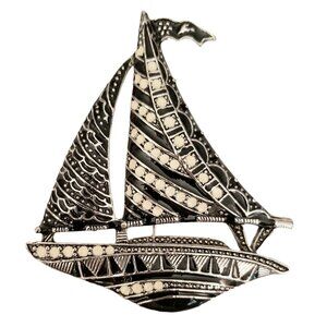Black White Enamel Silver Tone  Statement Sailboat Pin Brooch